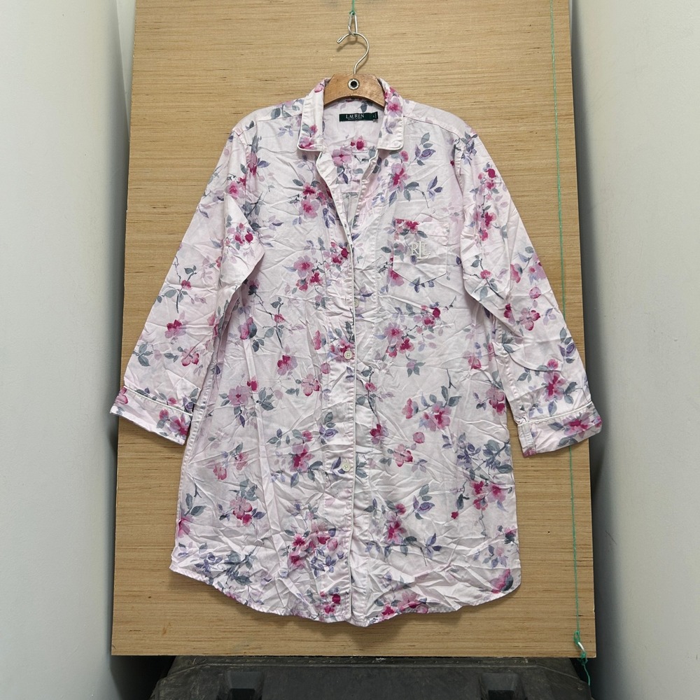 Lauren Ralph Lauren Pink Floral Button Front Sleep Shirt Nightgown Large